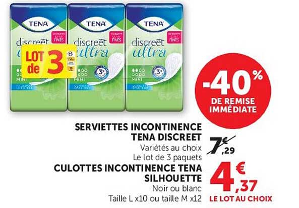 SERVIETTES INCONTINENCE TENA DISCREET Variétés au choix Le lot de 3 paquets