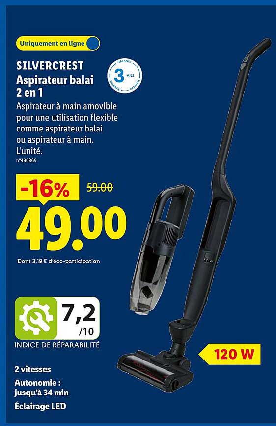 SILVERCREST Aspirateur balai 2 en 1