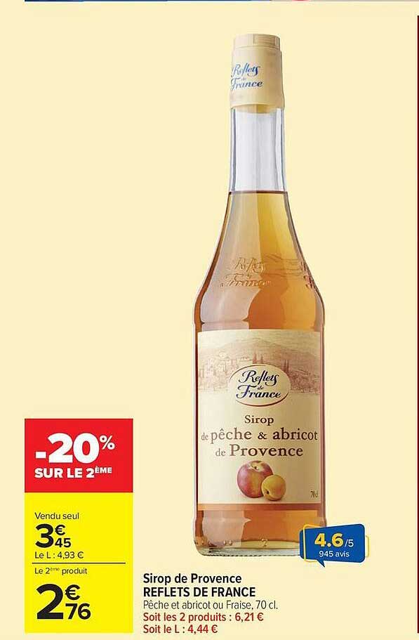 Sirop de Provence REFLETS DE FRANCE Pêche et abricot ou Fraise, 70 cl.