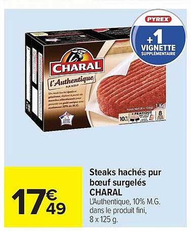Steaks hachés pur boeuf surgelés CHARAL L’Authentique, 10% M.G. dans le produit fini, 8 x 125 g.