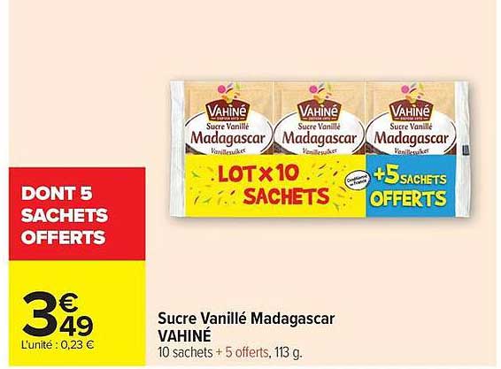 Sucre Vanillé Madagascar VAHINÉ 10 sachets + 5 offerts, 113 g.
