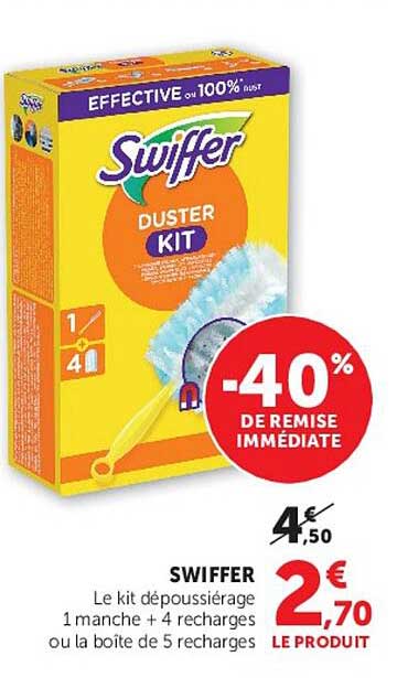 SWIFFER
Le kit dépoussiérage 1 manche + 4 recharges ou la boîte de 5 recharges
