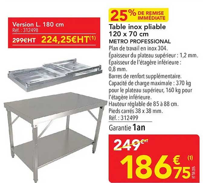 Table inox pliable 120 x 70 cm