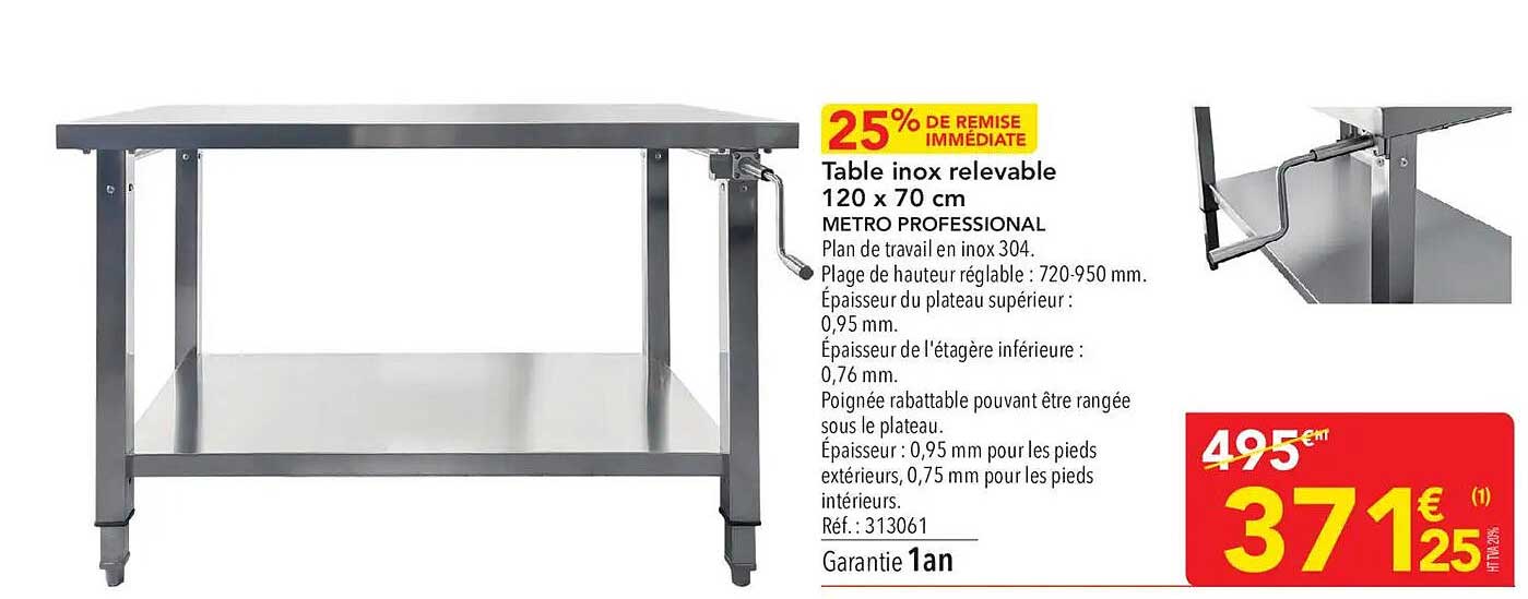 Table inox relevable 120 x 70 cm