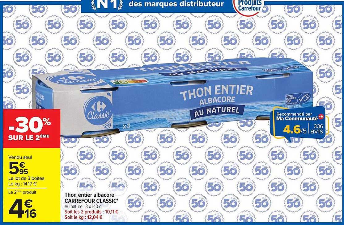Thon entier albacore CARREFOUR CLASSIC' Au naturel, 3 x 140 g