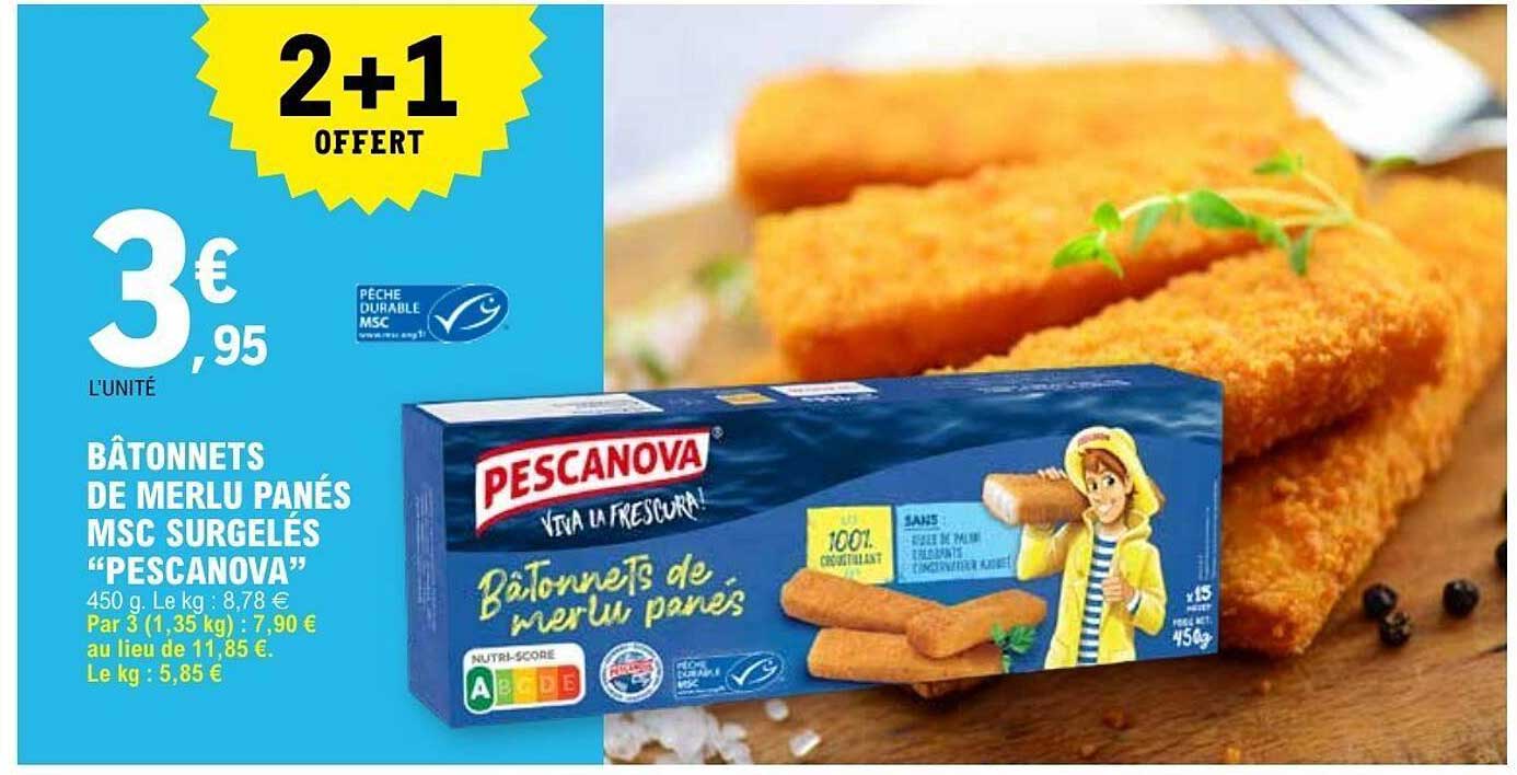 Bâtonnets de merlu panés MSC surgelés "Pescanova" 2+1 offert