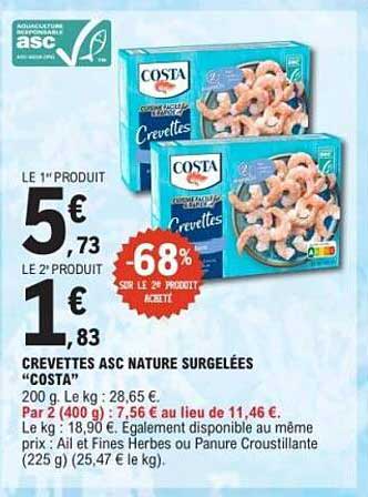 CREVETTES ASC NATURE SURGELÉES "COSTA"