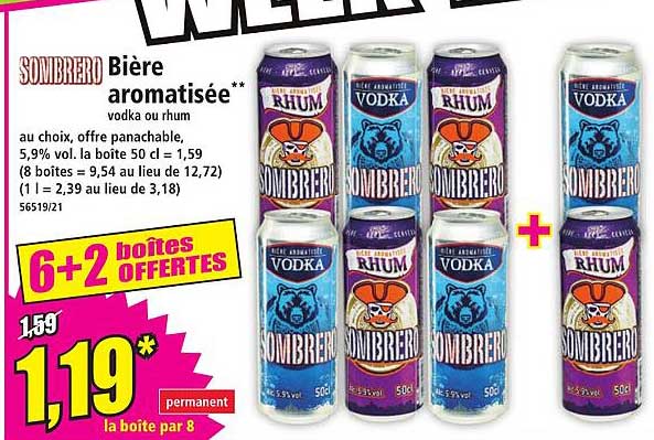 Bière aromatisée Sombrero, vodka ou rhum