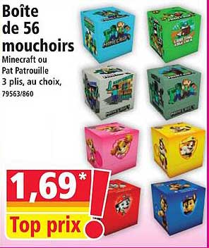 Boîte de 56 mouchoirs Minecraft ou Pat Patrouille