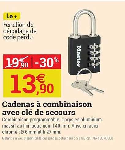 Cadenas à combinaison avec clé de secours