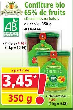 Confiture bio 65% de fruits clémentines ou fraises au choix, 350 g