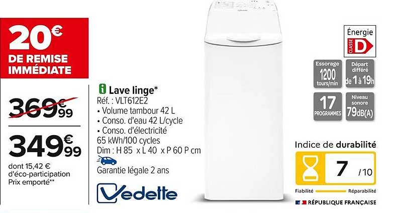 Lave linge Vedette - VLT612E2