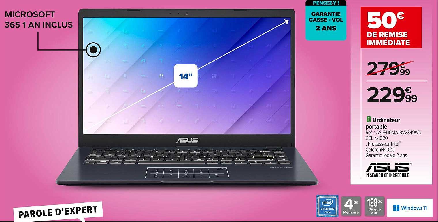 Ordinateur portable ASUS E410MA-BV2349WS 50€ DE REMISE IMMÉDIATE