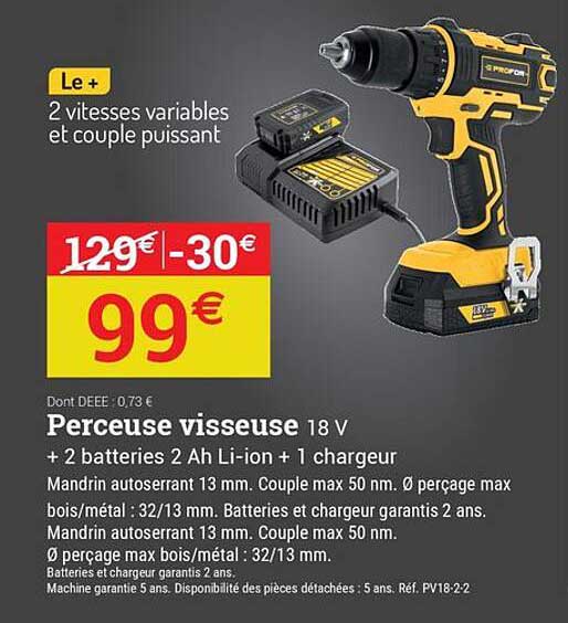 Perceuse visseuse 18 V + 2 batteries 2 Ah Li-ion + 1 chargeur