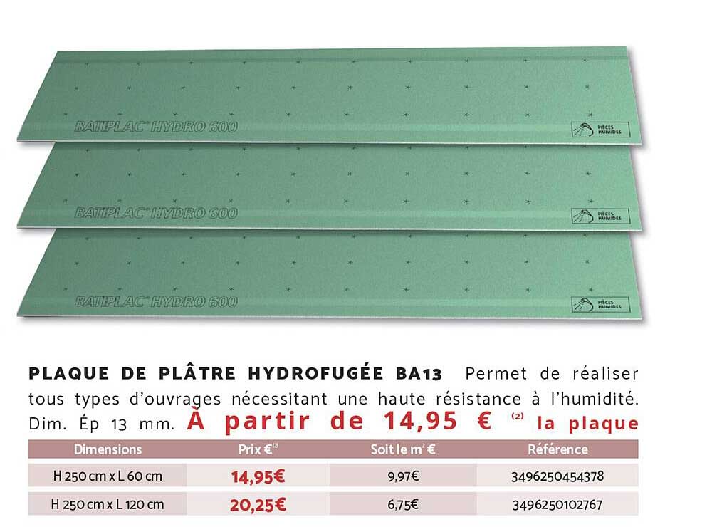 PLAQUE DE PLÂTRE HYDROFUGÉE BA13