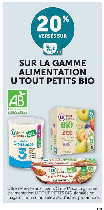 20% VERSES SUR LA GAMME ALIMENTATION U TOUT PETITS BIO