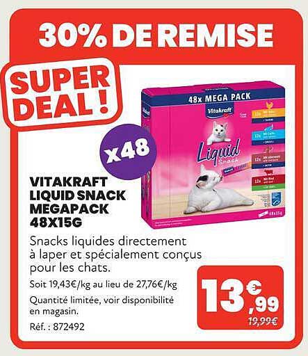 30% DE REMISE SUPER DEAL ! VITAKRAFT LIQUID SNACK MEGAPACK 48X15G