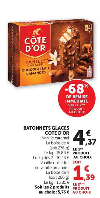 BATONNETS GLACES COTE D'OR Vanille caramel La boîte de 4 (soit 276 g)