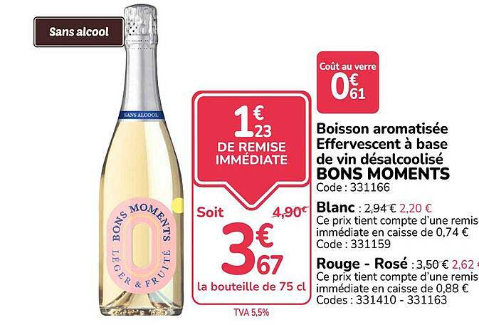 Boisson aromatisée Effervescent à base de vin désalcoolisé BONS MOMENTS