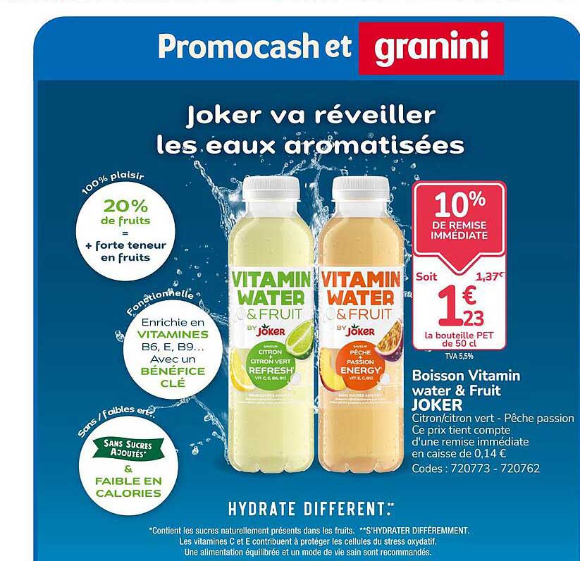 Boisson vitamin water & Fruit JOKER Citron/citron vert - Pêche passion