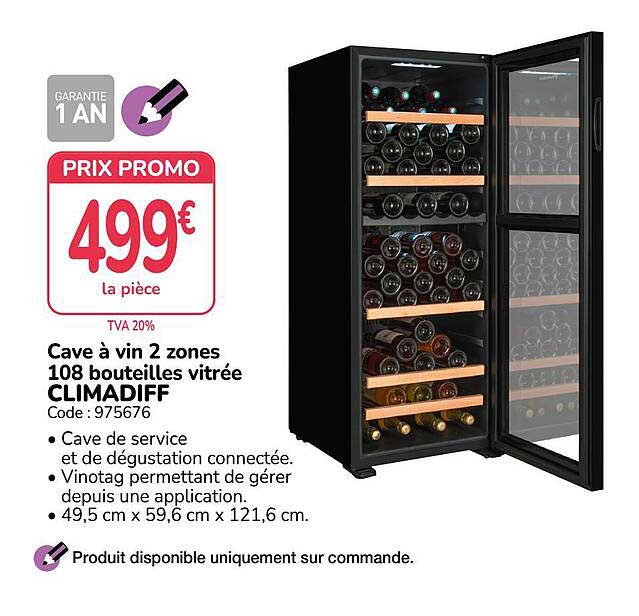 Cave à vin 2 zones 108 bouteilles vitrée CLIMADIFF