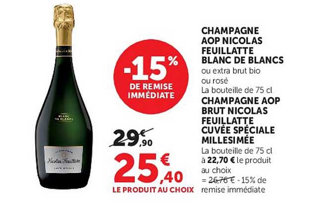 CHAMPAGNE AOP NICOLAS FEUILLATTE BLANC DE BLANCS ou extra brut bio ou rosé