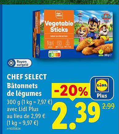 CHEF SELECT Bâtonnets de légumes 300 g (1 kg = 7,97 €) avec Lidl Plus au lieu de 2,99 € (1 kg = 9,97 €)