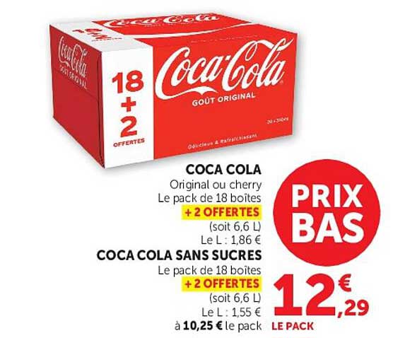 COCA COLA Original ou cherry Le pack de 18 boîtes + 2 OFFERTES (soit 6,6 L) Le L : 1,86 €