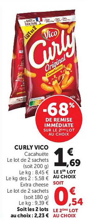 CURLY VICO Cacahuète Le lot de 2 sachets (soit 200 g)