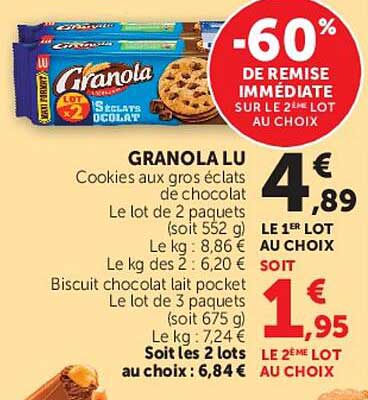 GRANOLA LU Cookies aux gros éclats de chocolat Le lot de 2 paquets (soit 552 g) Le kg : 8,86 € Le 1er lot au choix