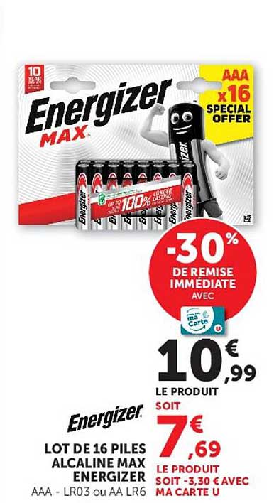 LOT DE 16 PILES ALCALINE MAX ENERGIZER AAA - LR03 ou AA LR6