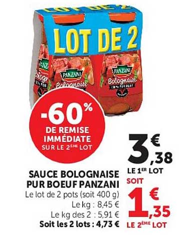 LOT DE 2 -60% DE REMISE IMMEDIATE SUR LE 2ÈME LOT SAUCE BOLOGNAISE PUR BOEUF PANZANI