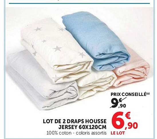 LOT DE 2 DRAPS HOUSSE JERSEY 60X120CM