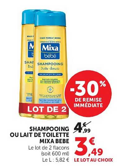 LOT DE 2 SHAMPOOING OU LAIT DE TOILETTE MIXA BEBE