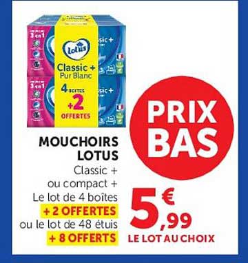 MOUCHOIRS LOTUS Classic + ou compact + Le lot de 4 boites + 2 OFFERTES ou le lot de 48 étuis + 8 OFFERTES