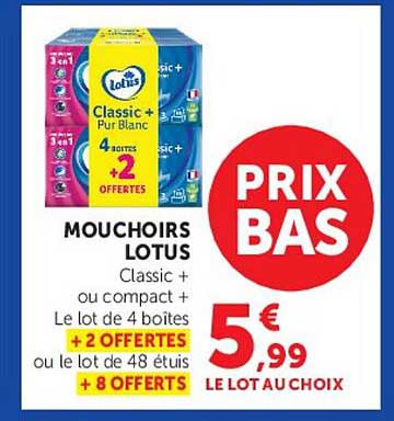 MOUCHOIRS LOTUS Classic + ou compact + Le lot de 4 boites +2 OFFERTES ou le lot de 48 étuis +8 OFFERTS