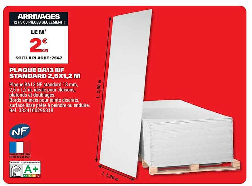 PLAQUE BA13 NF STANDARD 2,5X1,2 M