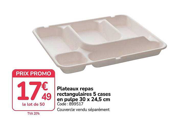 Plateaux repas rectangulaires 5 cases en pulpe 30 x 24,5 cm