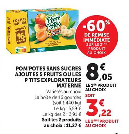 POM'POTES SANS SUCRES AJOUTES 5 FRUITS OU LES P'TITS EXPLORATEURS MATERNELLE