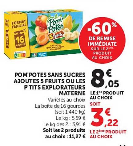 POM'POTES SANS SUCRES AJOUTES 5 FRUITS OU LES P'TITS EXPLORATEURS MATERNELLE