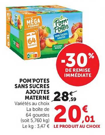 POM'POTES SANS SUCRES AJOUTES MATENE Variétés au choix La boîte de 64 gourdes