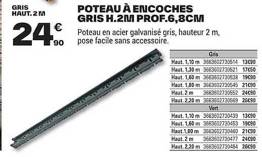 POTEAU À ENCOCHES GRIS H.2M PROF.6,8CM