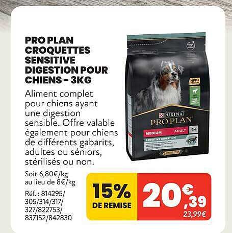 PRO PLAN CROQUETTES SENSITIVE DIGESTION POUR CHIENS - 3KG