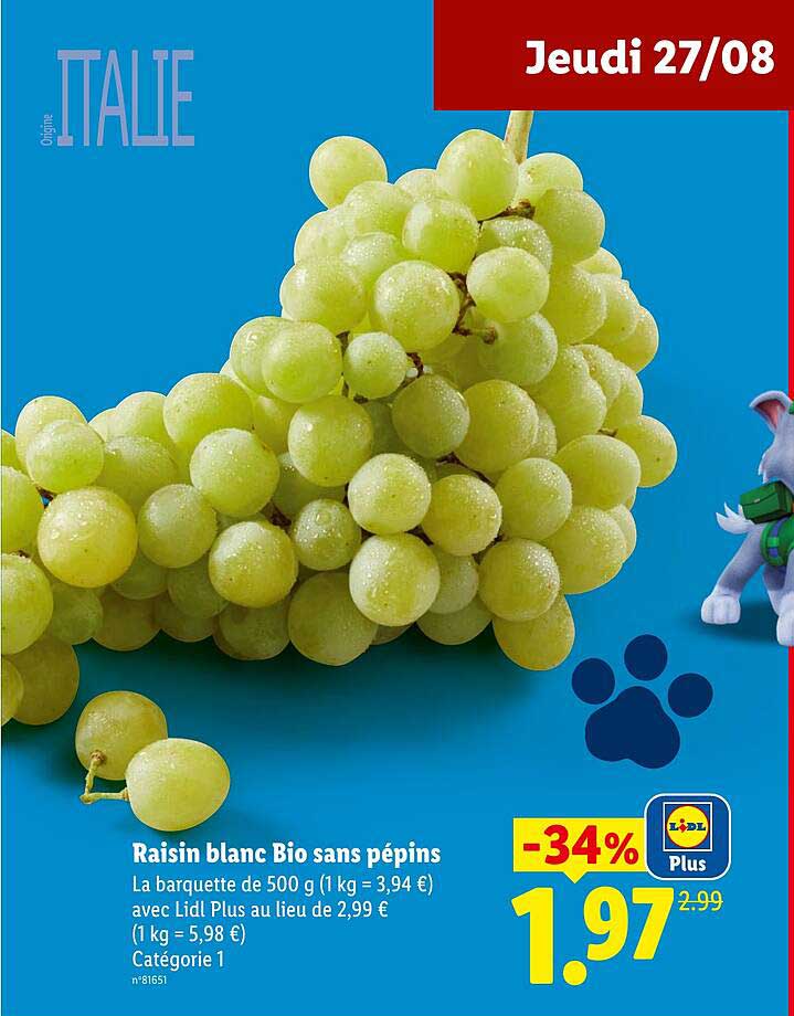 Raisin blanc Bio sans pépins