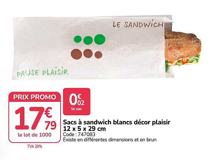 Sacs à sandwich blancs décor plaisir 12 x 5 x 29 cm