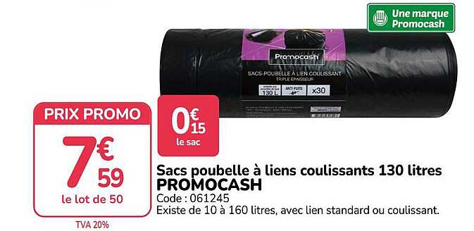 Sacs poubelle à liens coulissants 130 litres PROMOCASH