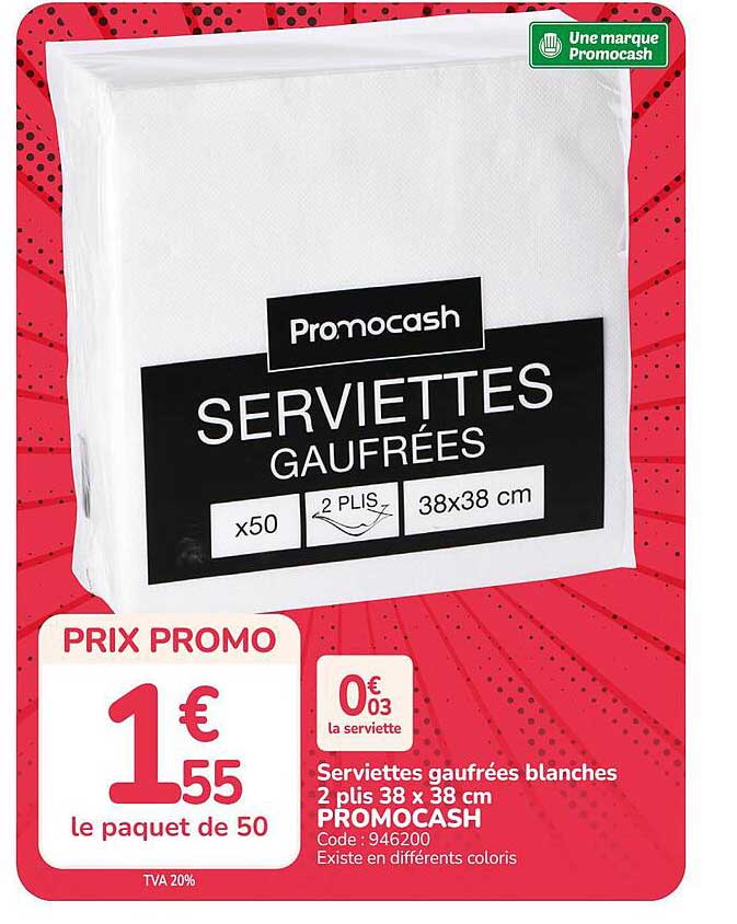 Serviettes gaufrées blanches 2 plis 38 x 38 cm PROMOCASH
