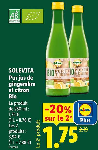 SOLEVITA Pur jus de gingembre et citron Bio