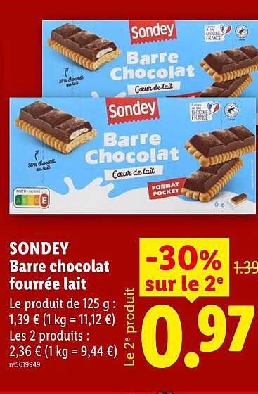 SONDEY Barre chocolat fourrée lait