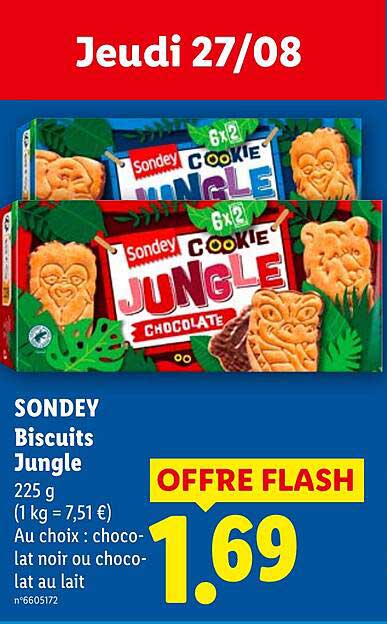 SONDEY Biscuits Jungle 225 g (1 kg = 7,51 €) Au choix : chocolat noir ou chocolat au lait